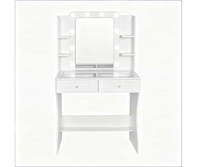 Tocador con mesa 80x40x135 cm - con encimera de vidrio transparente y diseño de almacenamiento abierto - blanco