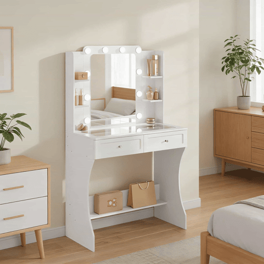 Mesa de maquilhagem com tabuleiro de 80 x 40 x 135 cm - Com tampo de vidro transparente e design de arrumação aberta - Branco Mesa de maquilhagem com tabuleiro de 80 x 40 x 135 cm - Com tampo de vidro transparente e design de arrumação aberta - Branco