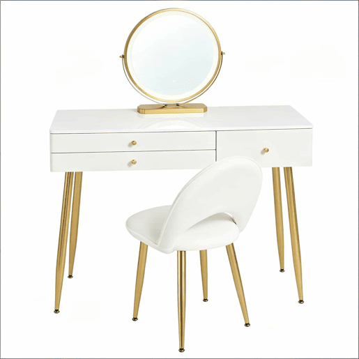 Secretária com penteadeira - 3 gavetas, design multifuncional para computador e maquilhagem - Branco e dourado Secretária com penteadeira - 3 gavetas, design multifuncional para computador e maquilhagem - Branco e dourado