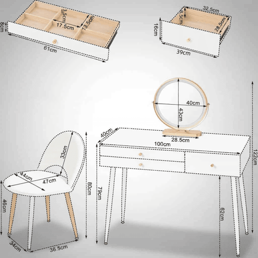 Secretária com penteadeira - 3 gavetas, design multifuncional para computador e maquilhagem - Branco e dourado Secretária com penteadeira - 3 gavetas, design multifuncional para computador e maquilhagem - Branco e dourado