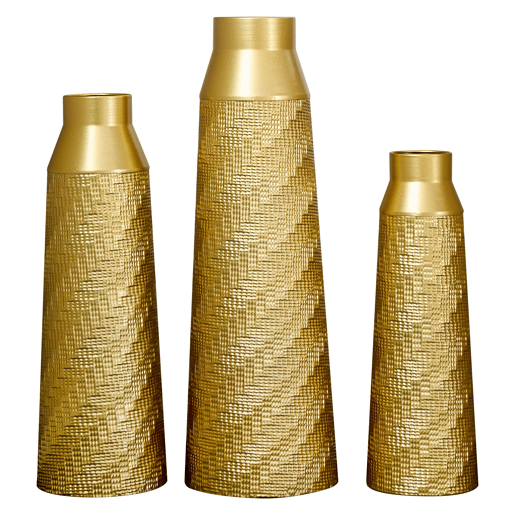 Vasos de chão metálicos, conjunto de 3 peças + tamanho grande - design texturado, parcialmente trabalhados à mão, decorativos para a sala de estar e o hall de entrada, não impermeáveis - dourado e branco