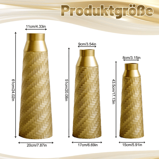 Vasos de chão metálicos, conjunto de 3 peças + tamanho grande - design texturado, parcialmente trabalhados à mão, decorativos para a sala de estar e o hall de entrada, não impermeáveis - dourado e branco