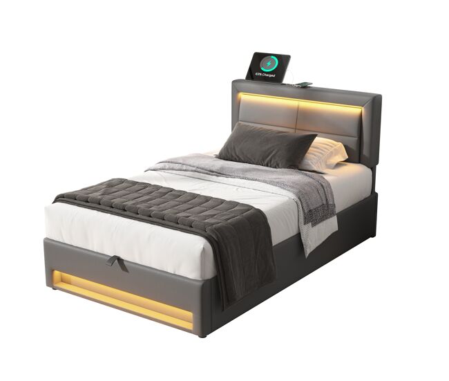 Cama individual de pu 90x200 cm con almacenaje y luz led,gris