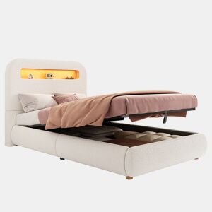 Cama de solteiro de tecido 90x200 cm com armazenamento e luz led,branco