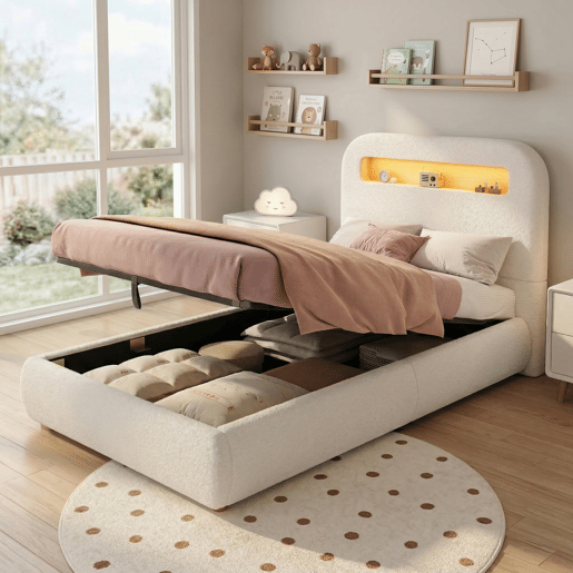 Cama de solteiro de tecido 90x200 cm com armazenamento e luz led,branco