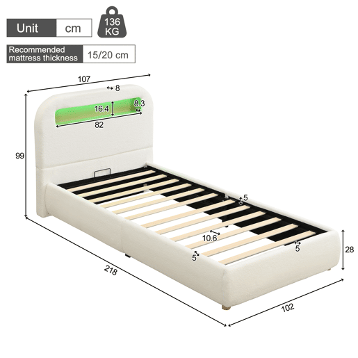 Cama de solteiro de tecido 90x200 cm com armazenamento e luz led,branco