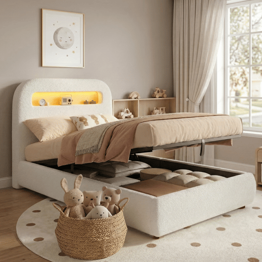 Cama de solteiro de tecido 90x200 cm com armazenamento e luz led,branco