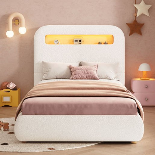 Cama de solteiro de tecido 90x200 cm com armazenamento e luz led,branco
