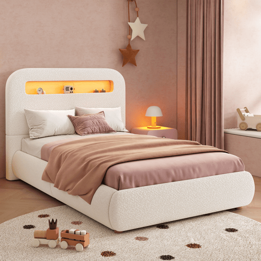 Cama de solteiro de tecido 90x200 cm com armazenamento e luz led,branco
