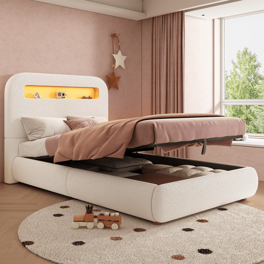 Cama de solteiro de tecido 90x200 cm com armazenamento e luz led,branco