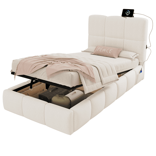 Cama de solteiro de veludo 90x200 cm com armazenamento,bege Cama de solteiro de veludo 90x200 cm com armazenamento,bege