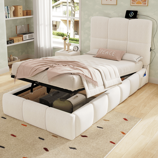 Cama de solteiro de veludo 90x200 cm com armazenamento,bege Cama de solteiro de veludo 90x200 cm com armazenamento,bege