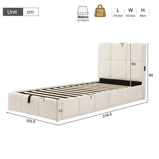 Cama de solteiro de veludo 90x200 cm com armazenamento,bege Cama de solteiro de veludo 90x200 cm com armazenamento,bege