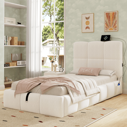Cama de solteiro de veludo 90x200 cm com armazenamento,bege Cama de solteiro de veludo 90x200 cm com armazenamento,bege