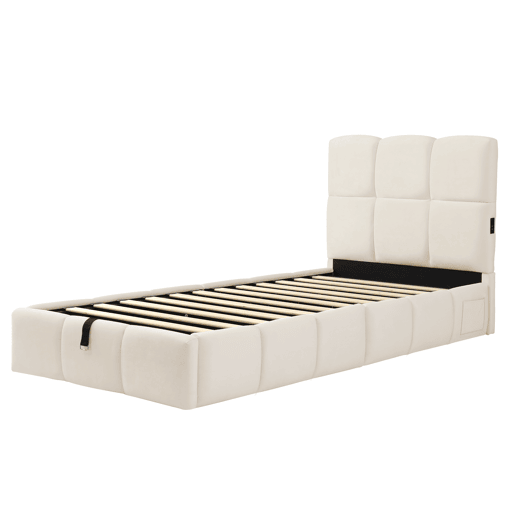 Cama de solteiro de veludo 90x200 cm com armazenamento,bege Cama de solteiro de veludo 90x200 cm com armazenamento,bege