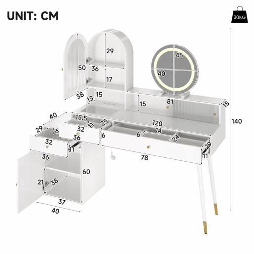 Penteadeira com espelho LED 140 x 40 x 140 cm u2014 design em L ajustável com tampo em vidro, portas USB e Type-C, 2 tomadas u2014 branco Penteadeira com espelho LED 140 x 40 x 140 cm u2014 design em L ajustável com tampo em vidro, portas USB e Type-C, 2 tomadas u2014 branco