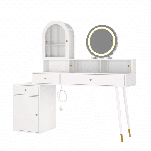 Penteadeira com espelho LED 140 x 40 x 140 cm u2014 design em L ajustável com tampo em vidro, portas USB e Type-C, 2 tomadas u2014 branco Penteadeira com espelho LED 140 x 40 x 140 cm u2014 design em L ajustável com tampo em vidro, portas USB e Type-C, 2 tomadas u2014 branco