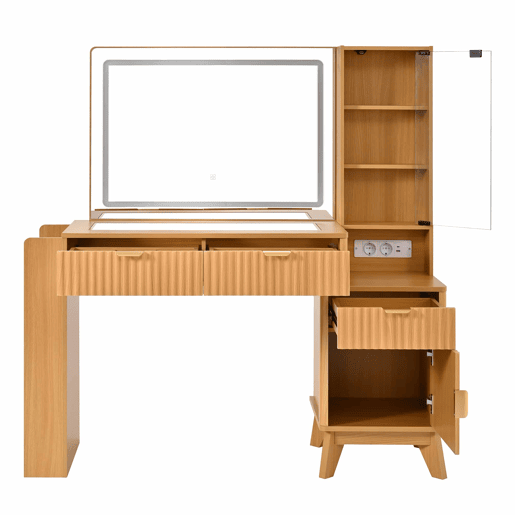 Penteadeira com espelho LED 133x136x40 cm - 3 gavetas, armário, prateleiras de vidro, USB e tomadas - Natural Penteadeira com espelho LED 133x136x40 cm - 3 gavetas, armário, prateleiras de vidro, USB e tomadas - Natural