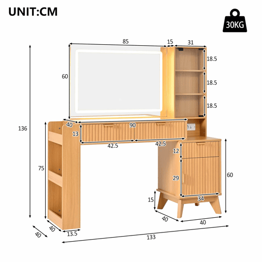 Penteadeira com espelho LED 133x136x40 cm - 3 gavetas, armário, prateleiras de vidro, USB e tomadas - Natural Penteadeira com espelho LED 133x136x40 cm - 3 gavetas, armário, prateleiras de vidro, USB e tomadas - Natural