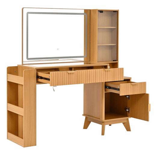 Penteadeira com espelho LED 133x136x40 cm - 3 gavetas, armário, prateleiras de vidro, USB e tomadas - Natural Penteadeira com espelho LED 133x136x40 cm - 3 gavetas, armário, prateleiras de vidro, USB e tomadas - Natural