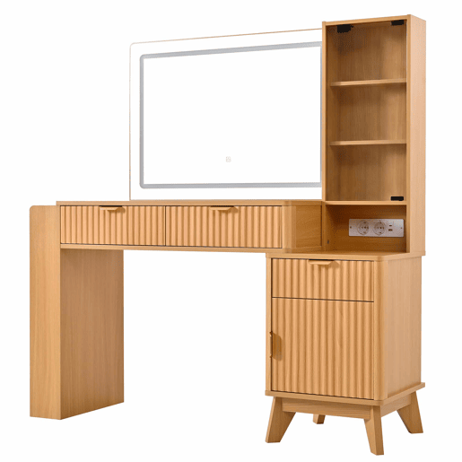Penteadeira com espelho LED 133x136x40 cm - 3 gavetas, armário, prateleiras de vidro, USB e tomadas - Natural Penteadeira com espelho LED 133x136x40 cm - 3 gavetas, armário, prateleiras de vidro, USB e tomadas - Natural