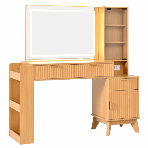 Penteadeira com espelho LED 133x136x40 cm - 3 gavetas, armário, prateleiras de vidro, USB e tomadas - Natural Penteadeira com espelho LED 133x136x40 cm - 3 gavetas, armário, prateleiras de vidro, USB e tomadas - Natural