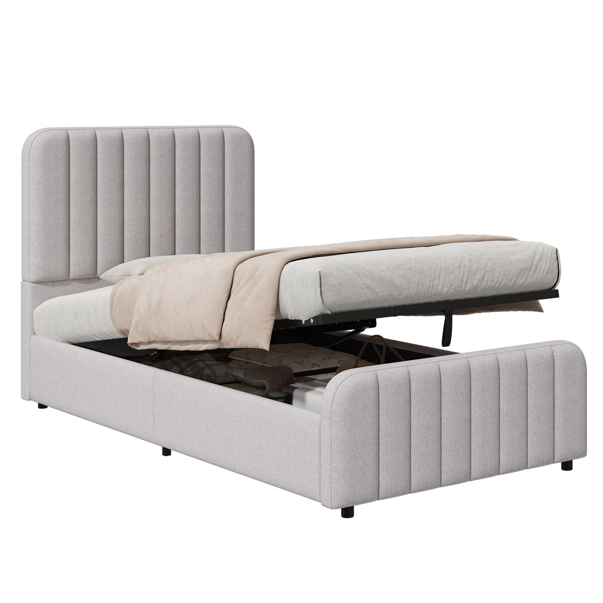 Cama individual de lino 90x200 cm con almacenaje,gris