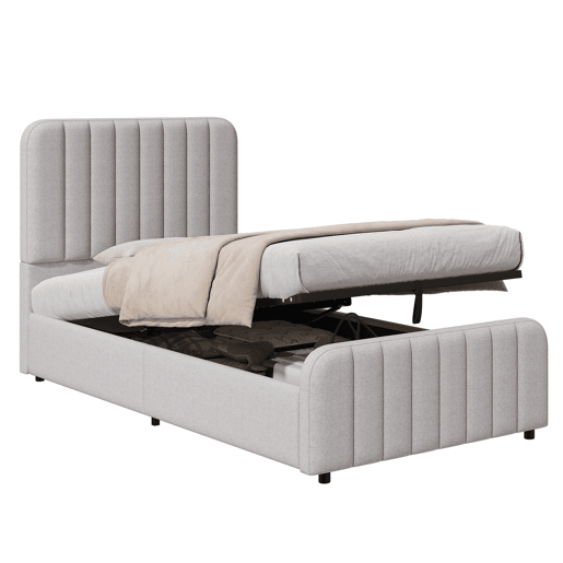 Cama de solteiro de linho 90x200 cm com armazenamento,cinza