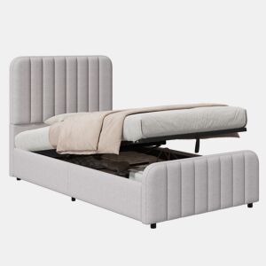 Cama de solteiro de linho 90x200 cm com armazenamento,cinza