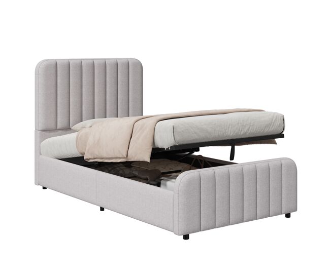 Cama individual de lino 90x200 cm con almacenaje,gris
