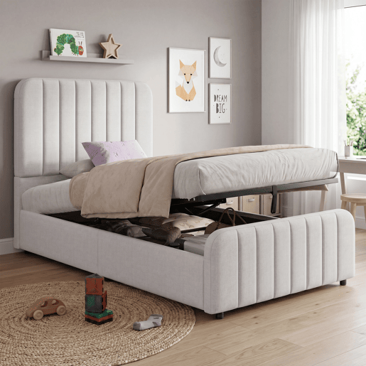 Cama de solteiro de linho 90x200 cm com armazenamento,cinza