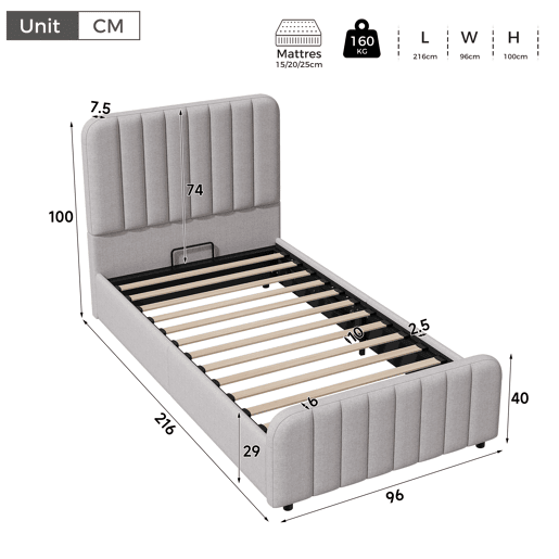 Cama de solteiro de linho 90x200 cm com armazenamento,cinza