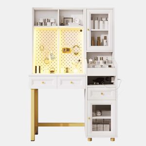 Penteadeira com espelho LED 100 x 156 x 45 cm u2014 organizador com 5 ganchos, portas USB e Type-C, vitrina de vidro, 3 gavetas e armário u2014 branco e dourado