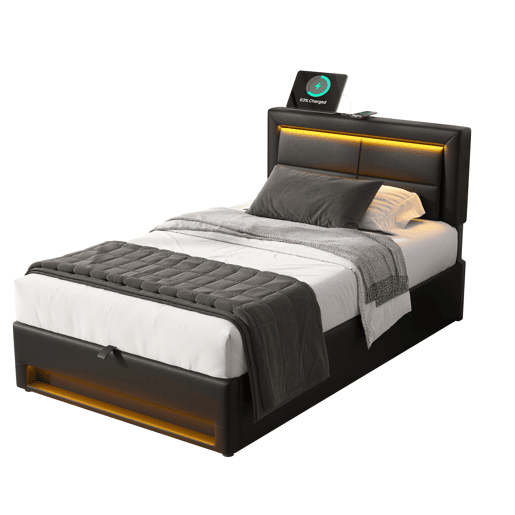 Cama de solteiro de pu 90x200 cm com armazenamento e luz led,preto