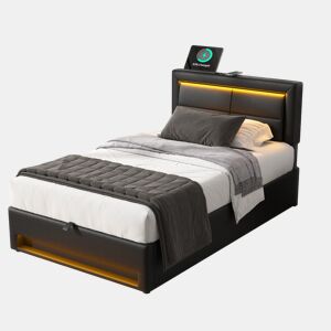 Cama de solteiro de pu 90x200 cm com armazenamento e luz led,preto