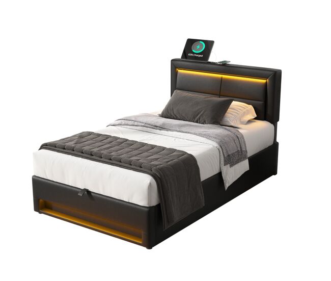 Cama individual de pu 90x200 cm con almacenaje y luz led,negro
