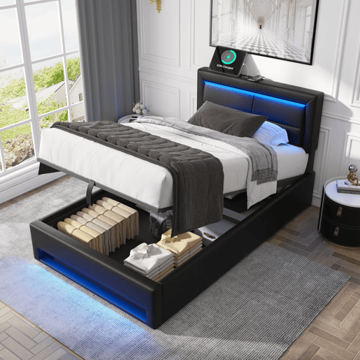 Cama de solteiro de pu 90x200 cm com armazenamento e luz led,preto