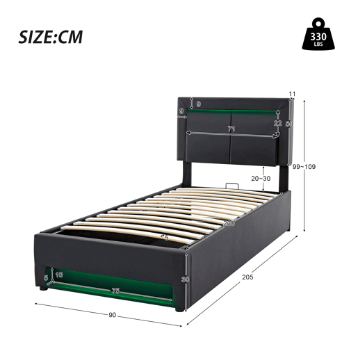 Cama de solteiro de pu 90x200 cm com armazenamento e luz led,preto