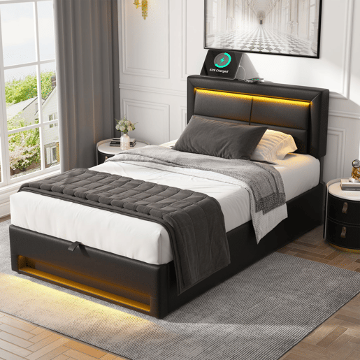 Cama de solteiro de pu 90x200 cm com armazenamento e luz led,preto