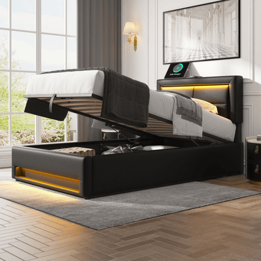 Cama de solteiro de pu 90x200 cm com armazenamento e luz led,preto