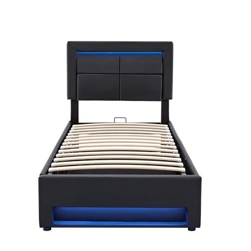 Cama de solteiro de pu 90x200 cm com armazenamento e luz led,preto