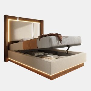 Cama de solteiro de linho 90x200 cm com armazenamento e luz led,bege