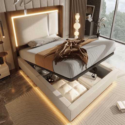 Cama de solteiro de linho 90x200 cm com armazenamento e luz led,bege Cama de solteiro de linho 90x200 cm com armazenamento e luz led,bege