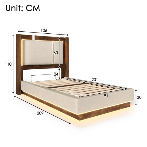 Cama de solteiro de linho 90x200 cm com armazenamento e luz led,bege Cama de solteiro de linho 90x200 cm com armazenamento e luz led,bege