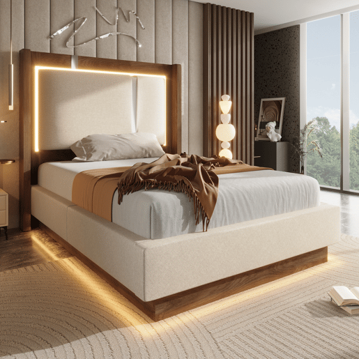 Cama de solteiro de linho 90x200 cm com armazenamento e luz led,bege Cama de solteiro de linho 90x200 cm com armazenamento e luz led,bege