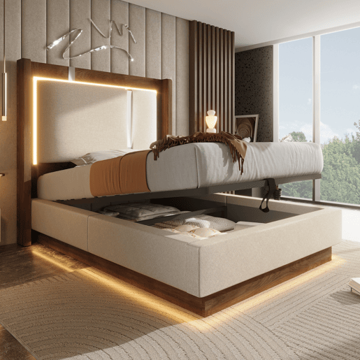 Cama de solteiro de linho 90x200 cm com armazenamento e luz led,bege Cama de solteiro de linho 90x200 cm com armazenamento e luz led,bege