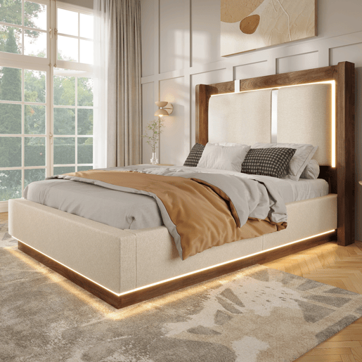 Cama de solteiro de linho 90x200 cm com armazenamento e luz led,bege Cama de solteiro de linho 90x200 cm com armazenamento e luz led,bege
