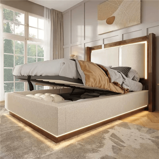 Cama de solteiro de linho 90x200 cm com armazenamento e luz led,bege Cama de solteiro de linho 90x200 cm com armazenamento e luz led,bege