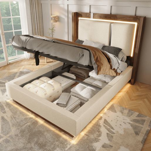 Cama de solteiro de linho 90x200 cm com armazenamento e luz led,bege Cama de solteiro de linho 90x200 cm com armazenamento e luz led,bege