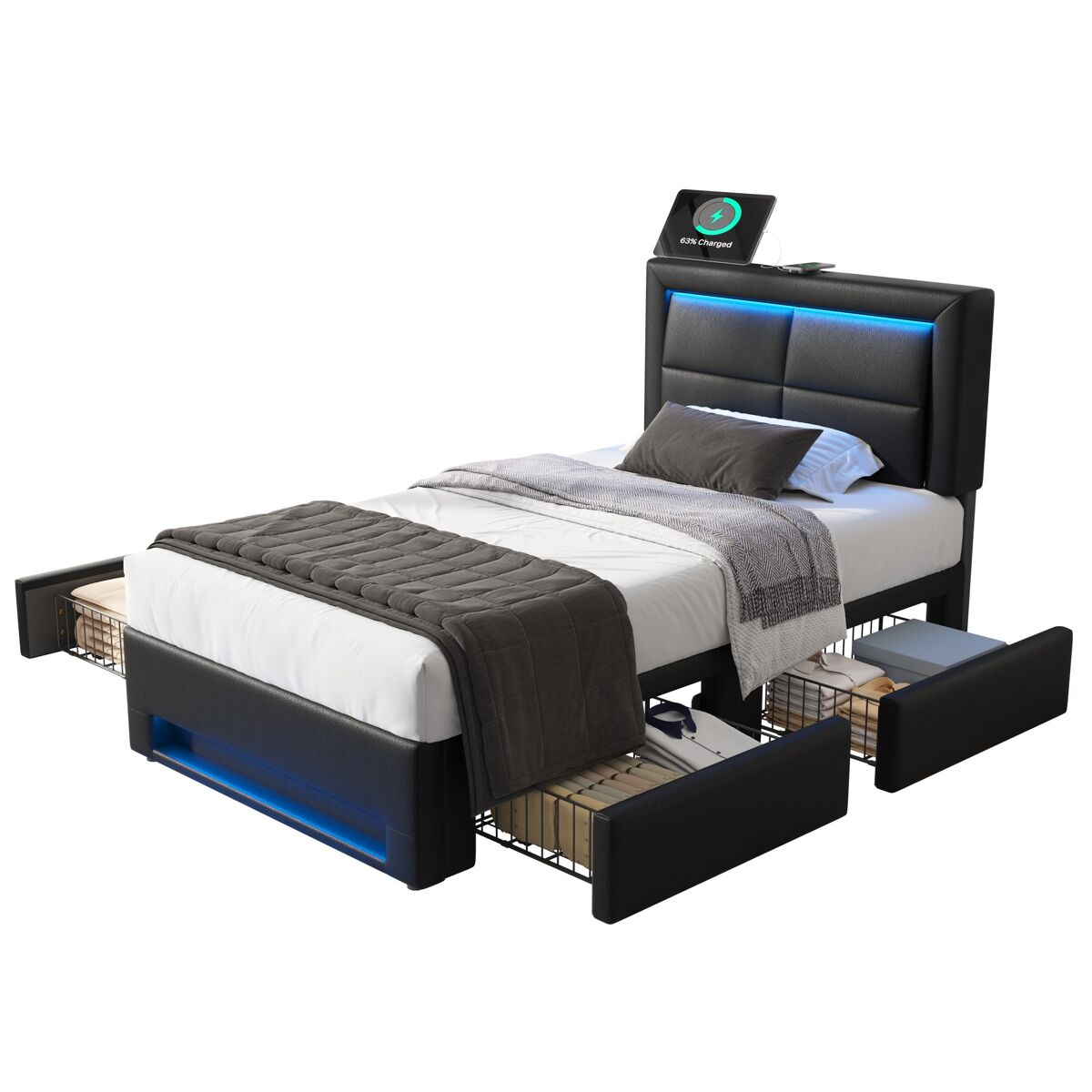 Cama individual de pu 95x196 Negro